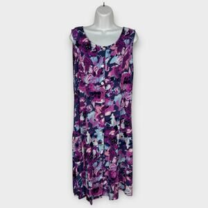 90s Rayon Purple Floral Button Front Sleeveless Midi Dress Blair Small